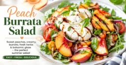 Peach burrata salad with fresh peaches, creamy burrata cheese, tomatoes, basil, arugula, pine nuts, and balsamic glaze.