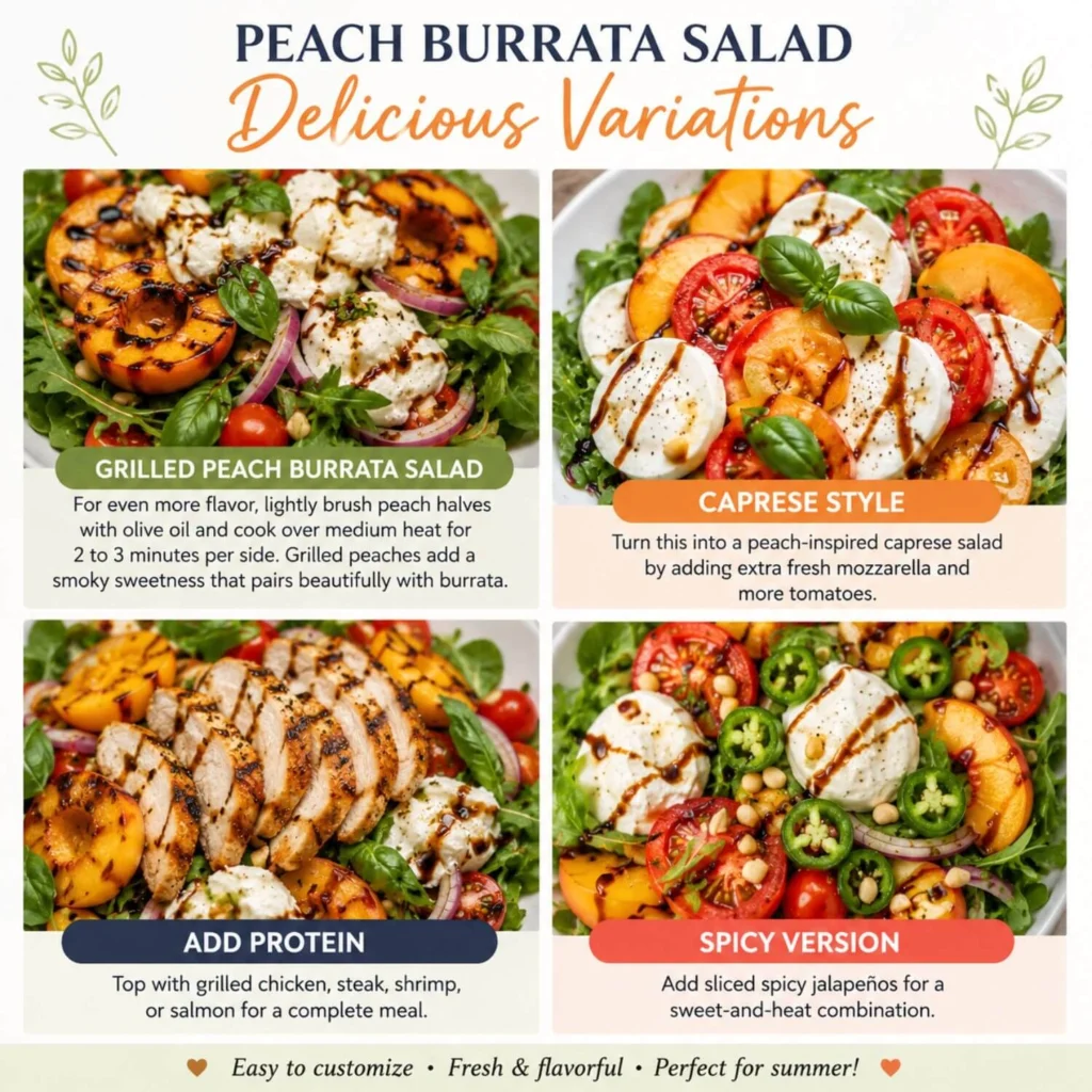 Peach burrata salad variations with grilled peaches, caprese style salad, added protein, and spicy jalapeños.