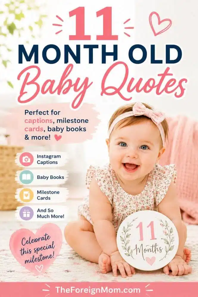 Smiling 11-month-old baby with text promoting 11 month old baby quotes for Instagram captions, milestone cards and baby books.