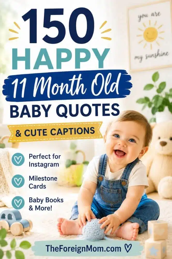 Smiling 11-month-old baby boy with text promoting 150 happy 11 month old baby quotes and cute captions.