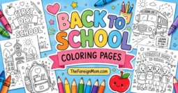 Colorful featured image for 30 free printable back-to-school coloring pages featuring school bus, backpack, classroom, first day of school, school supplies, and fun coloring sheets for kids.
