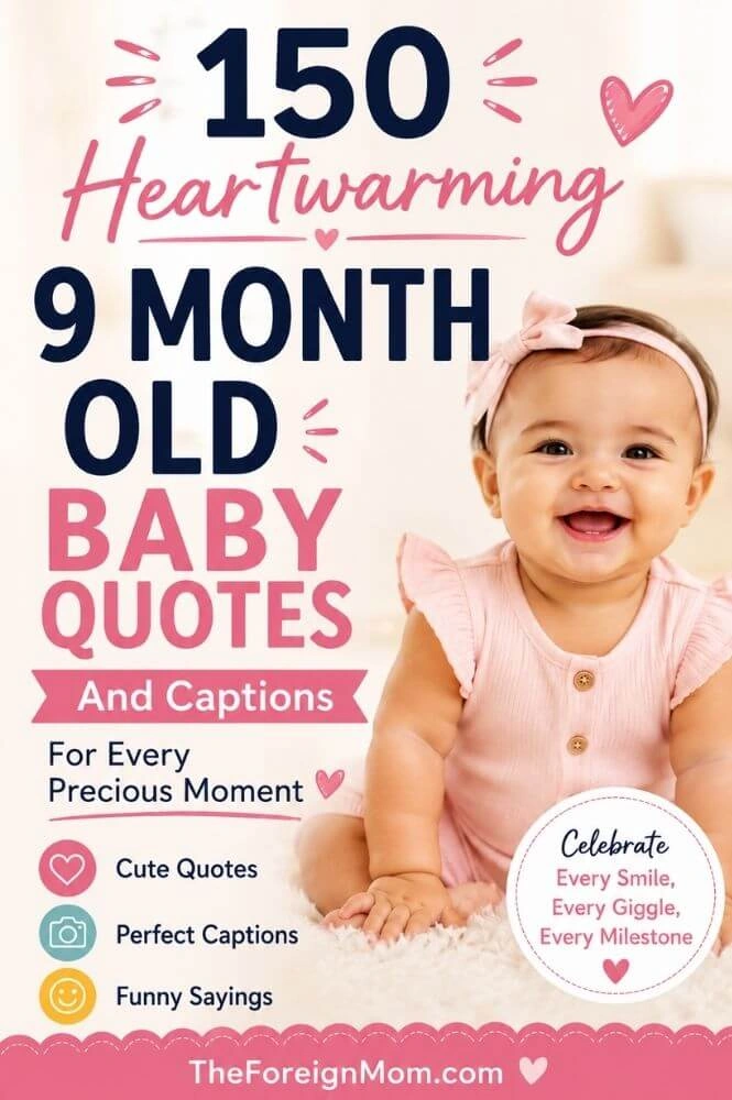 Smiling 9 month old baby with pink Pinterest graphic for baby quotes and captions.