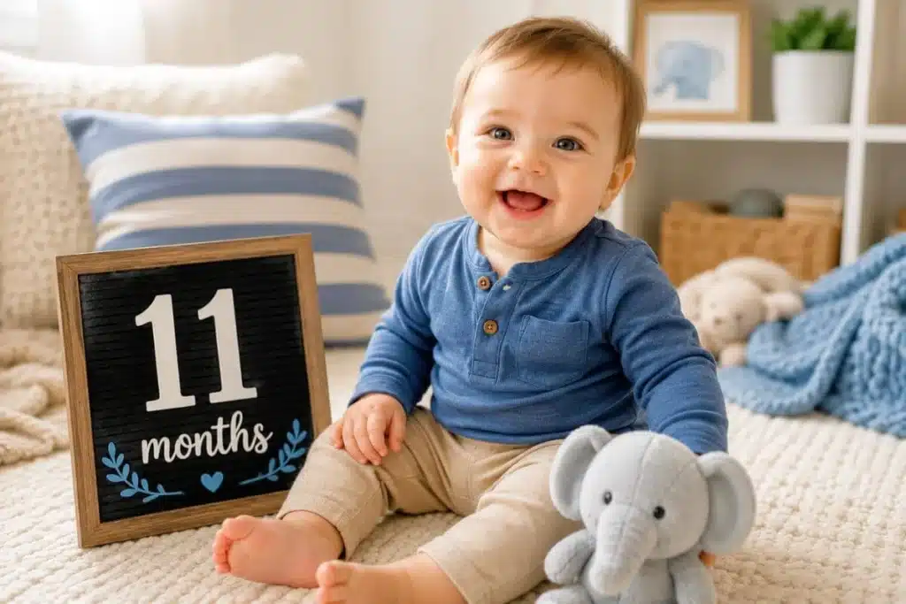 Smiling 11-month-old baby boy sitting beside an 11 months milestone sign and a stuffed elephant.