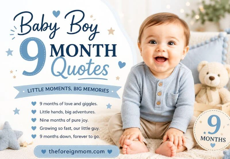 Adorable baby boy 9 month quotes blog image with blue nursery style and smiling baby.