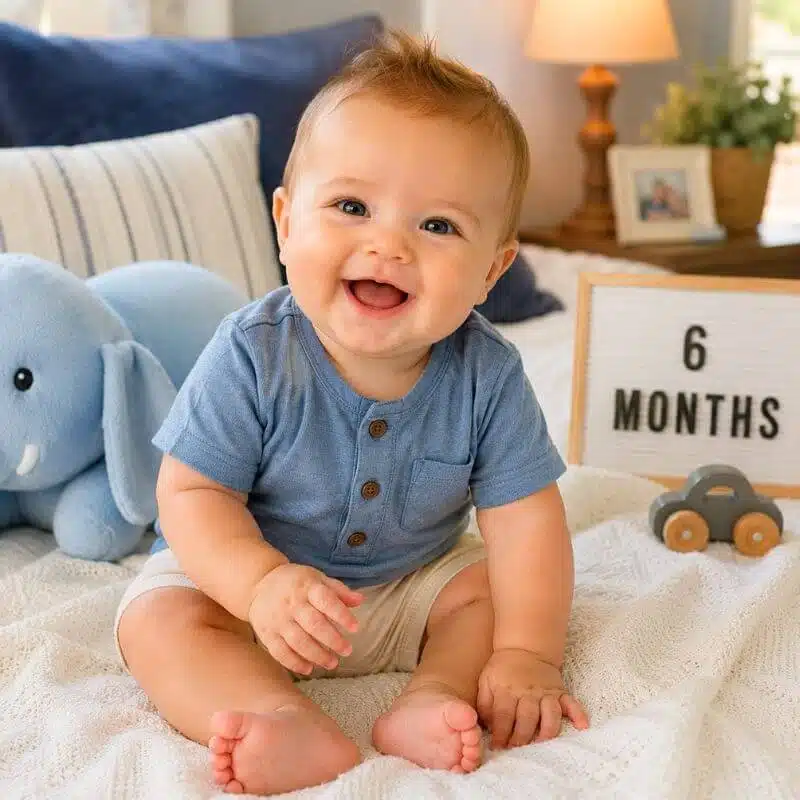 Smiling 6-month-old baby boy sitting with a stuffed elephant, toy car, and six-month milestone sign.