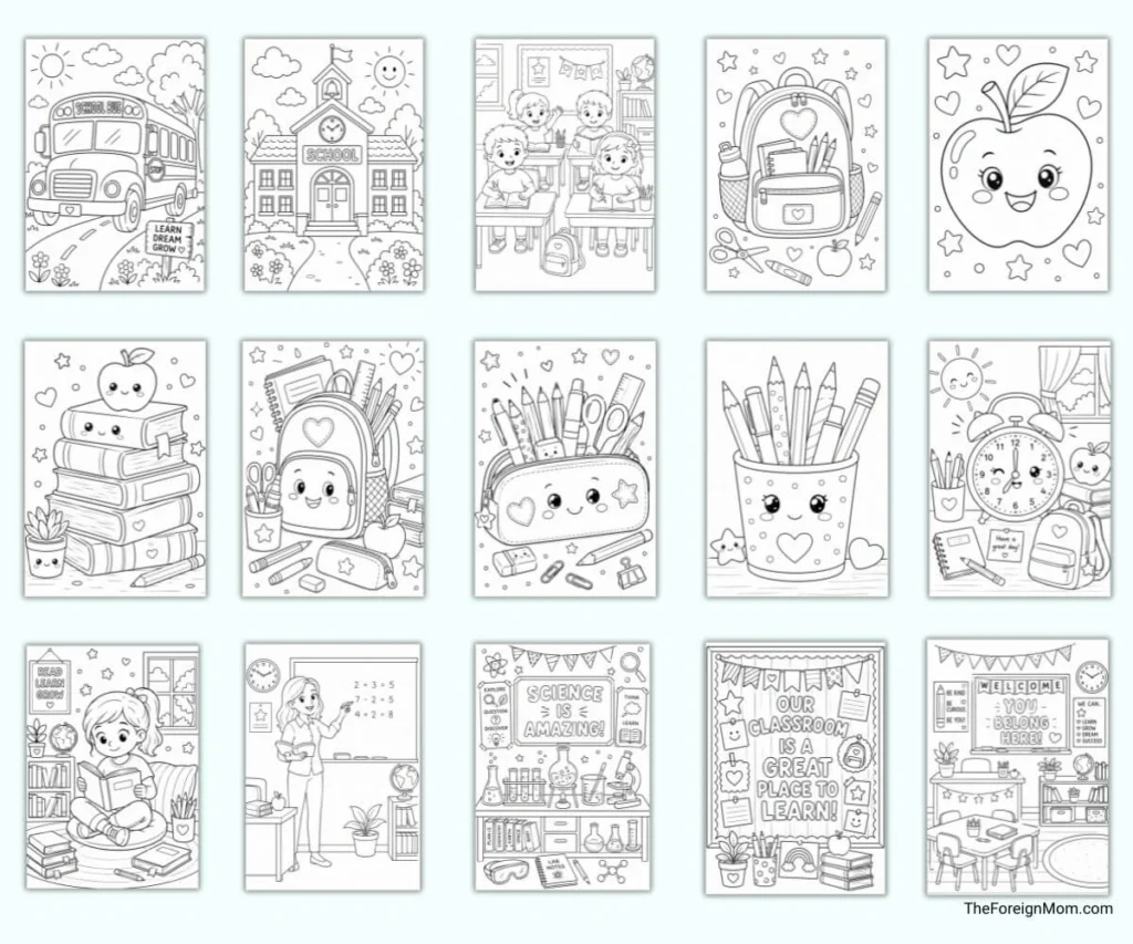 Preview collage of printable back to school coloring pages with school bus, backpack, apple, books, pencil case, teacher, and classroom designs.