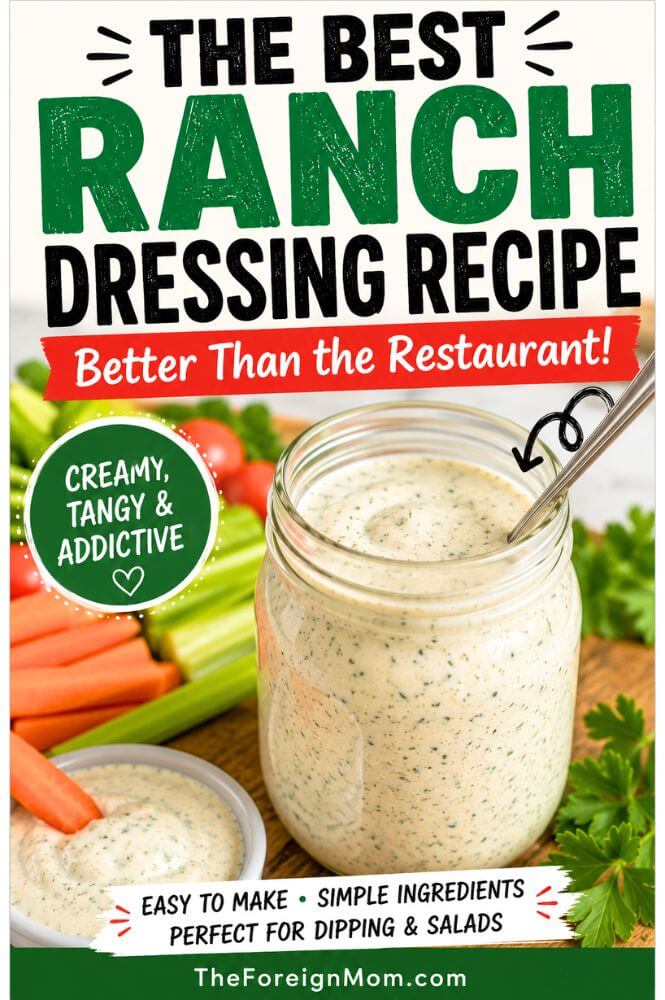 Creamy homemade Chilie's-inspired ranch dressing in a mason jar with fresh vegetables.