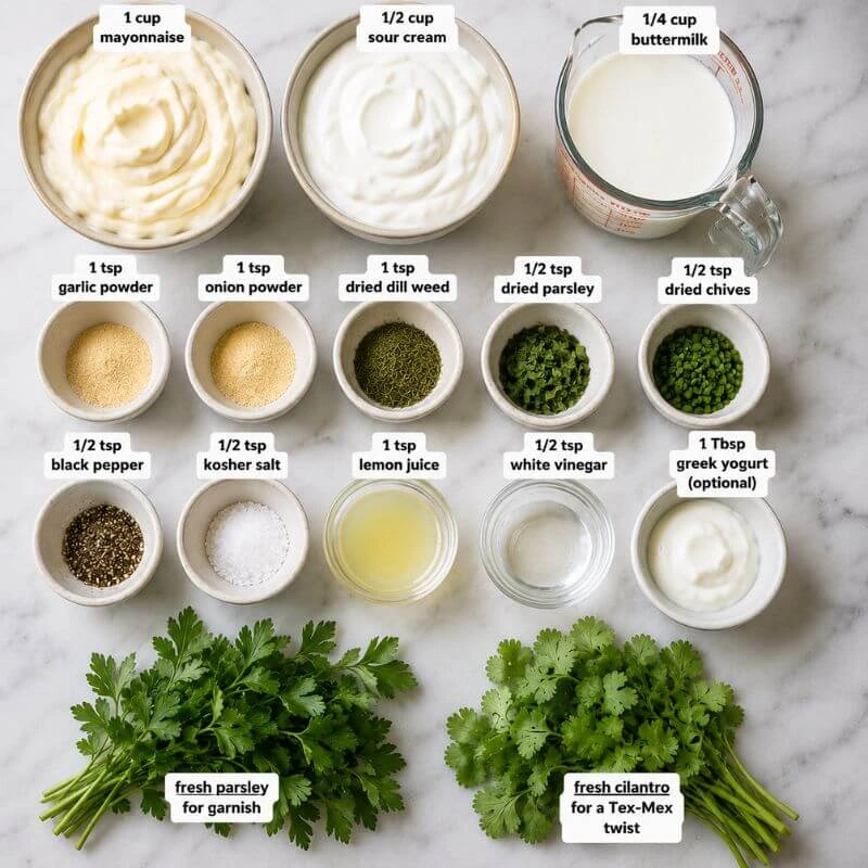 Measured ingredients for homemade Chili’s-style ranch dressing, including mayonnaise, sour cream, buttermilk, dried herbs, seasonings, lemon juice, vinegar, Greek yogurt, parsley, and cilantro.