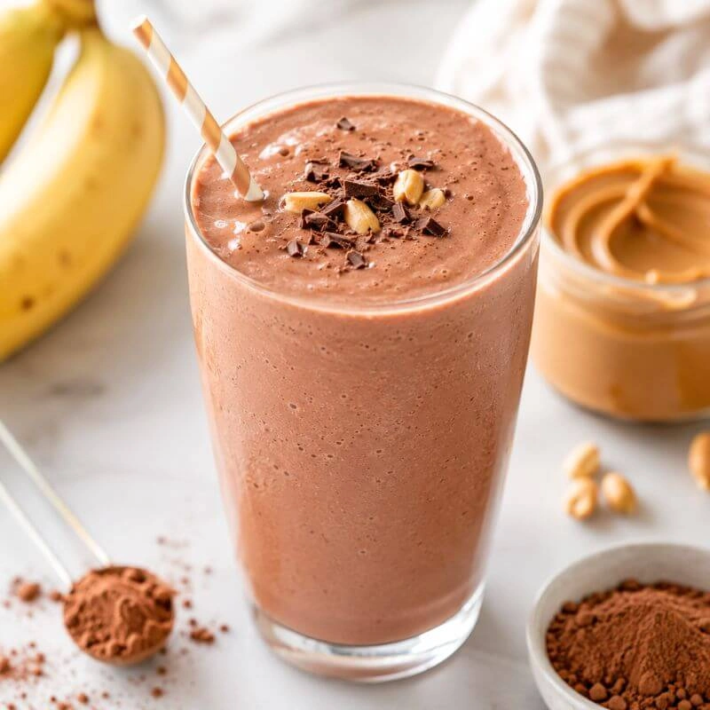 Creamy chocolate peanut butter smoothie made with banana, cocoa powder, Greek yogurt, and milk.