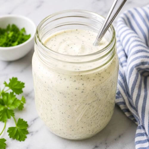 Creamy homemade Chili's style ranch dressing in a mason jar with fresh herb flecks on a marble countertop.