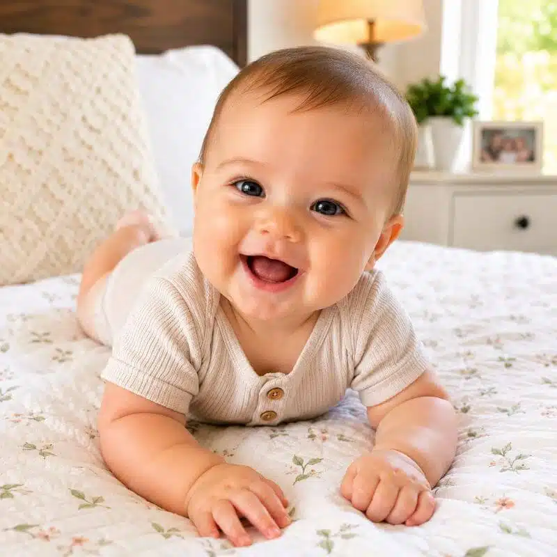 Smiling 6-month-old baby during tummy time for cute half birthday quotes and milestone captions.