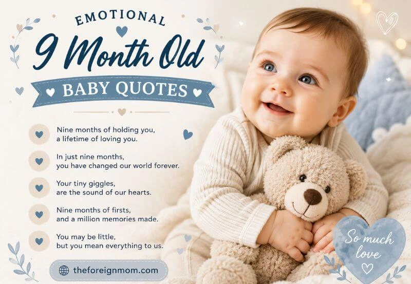 Emotional 9 month old baby quotes blog image with smiling baby holding teddy bear.