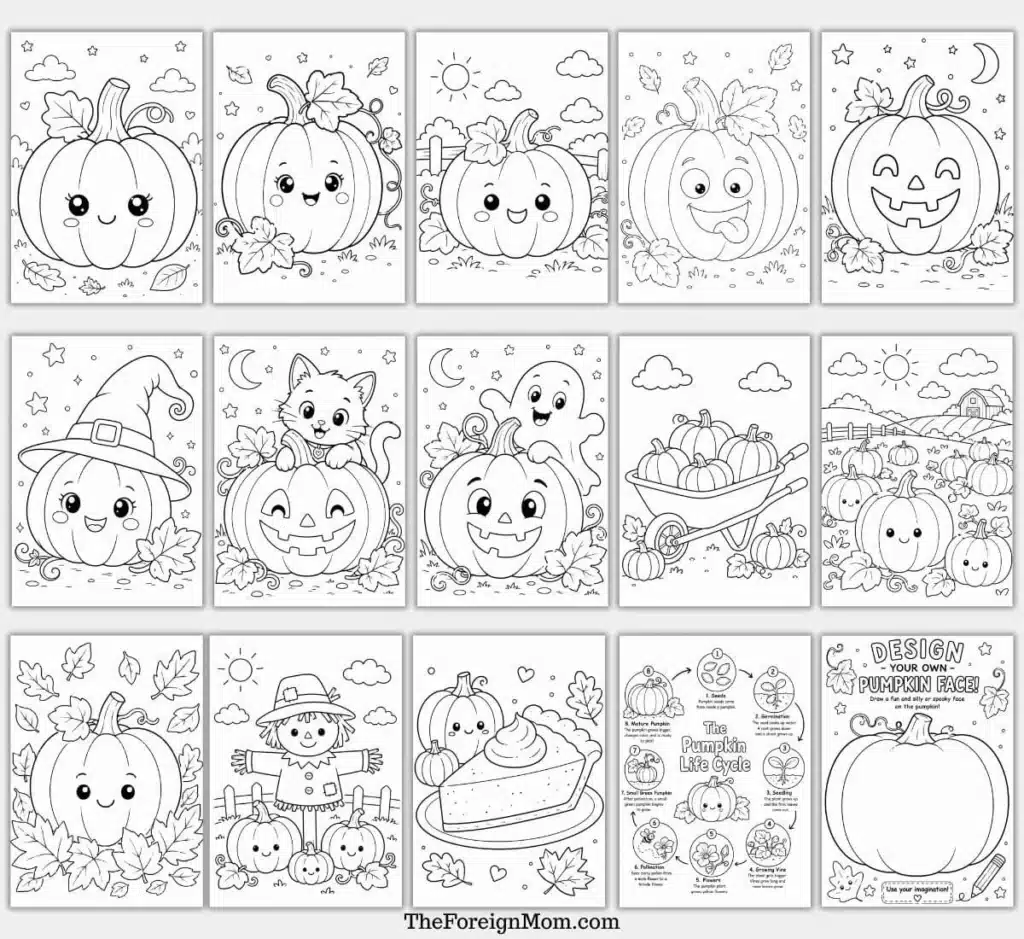 Overview of 15 free printable pumpkin coloring pages for kids featuring cute pumpkins, jack-o'-lanterns, a scarecrow, pumpkin pie, pumpkin patch, pumpkin life cycle, and a design-your-own pumpkin face activity.