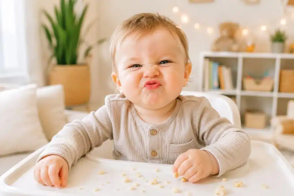 Funny 11-month-old baby making a silly face while sitting in a high chair.