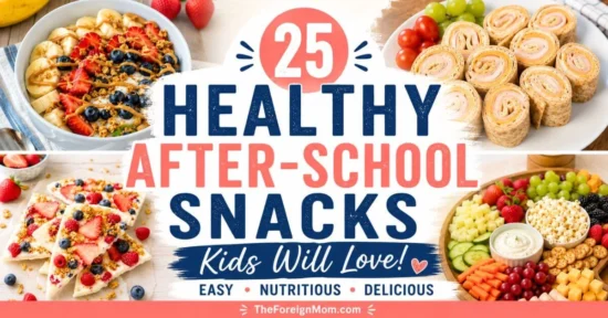 Featured image for 25 healthy after-school snacks for kids with a banana split bowl, turkey pinwheels, frozen yogurt bark, and a colorful snack board.
