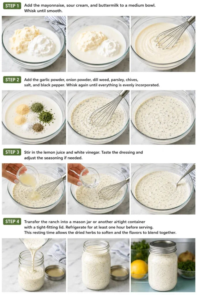 Step-by-step photos showing how to make Chili’s-style ranch dressing with mayonnaise, sour cream, buttermilk, dried herbs, lemon juice, and vinegar.