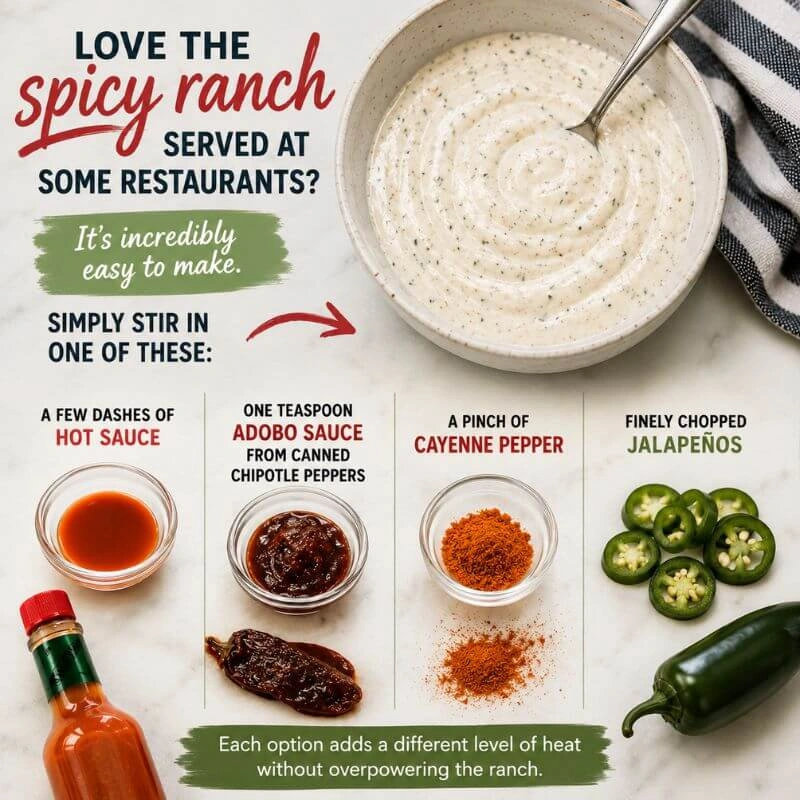 Spicy ranch dressing with four mix-in options: hot sauce, adobo sauce, cayenne pepper, and sliced jalapeños.