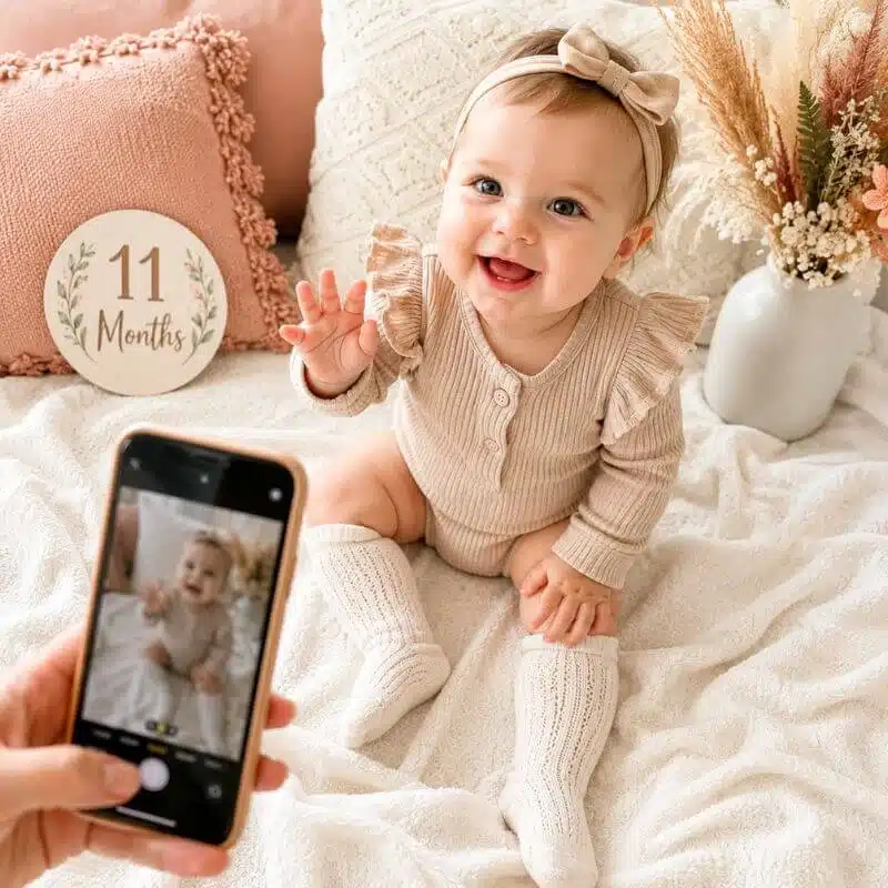 Parent using a smartphone to take an Instagram-style photo of a smiling 11-month-old baby during a milestone photoshoot.