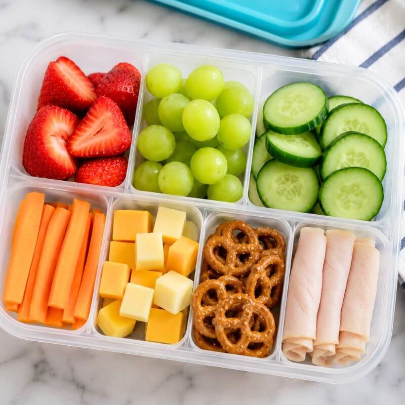 Colorful kids snack box with strawberries, grapes, cucumbers, carrots, cheese cubes, pretzels, and rolled turkey slices.