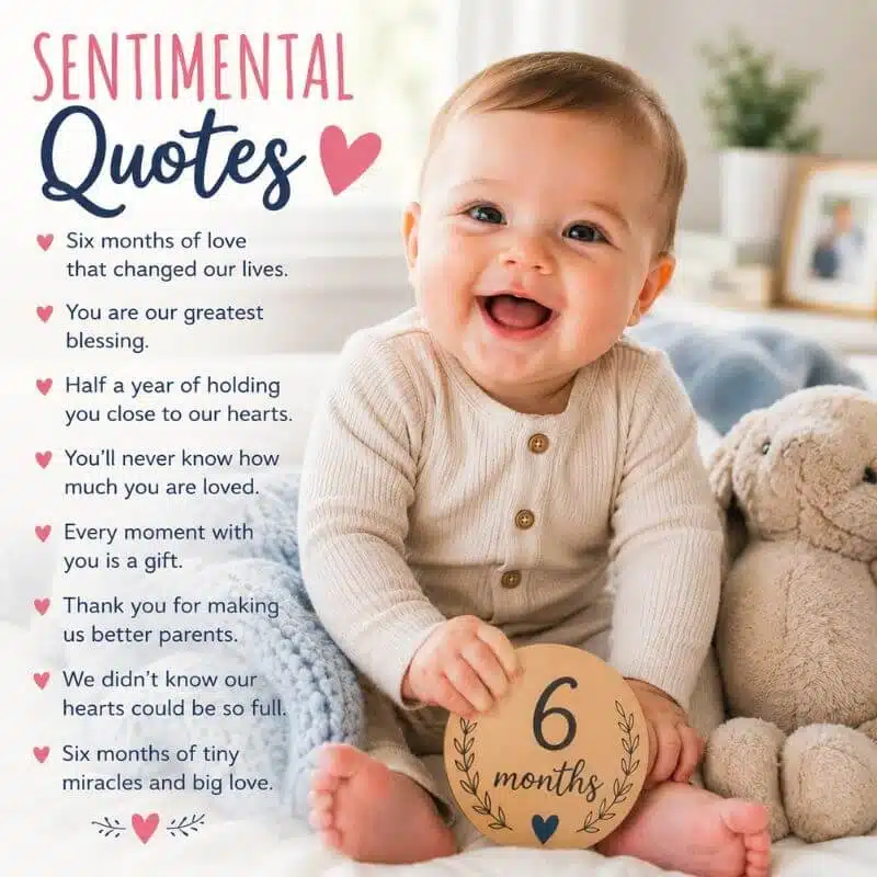 Smiling 6-month-old baby with a milestone plaque and sentimental half birthday quotes.