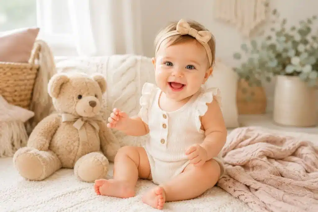 Smiling 11-month-old baby sitting in a bright nursery beside a teddy bear.