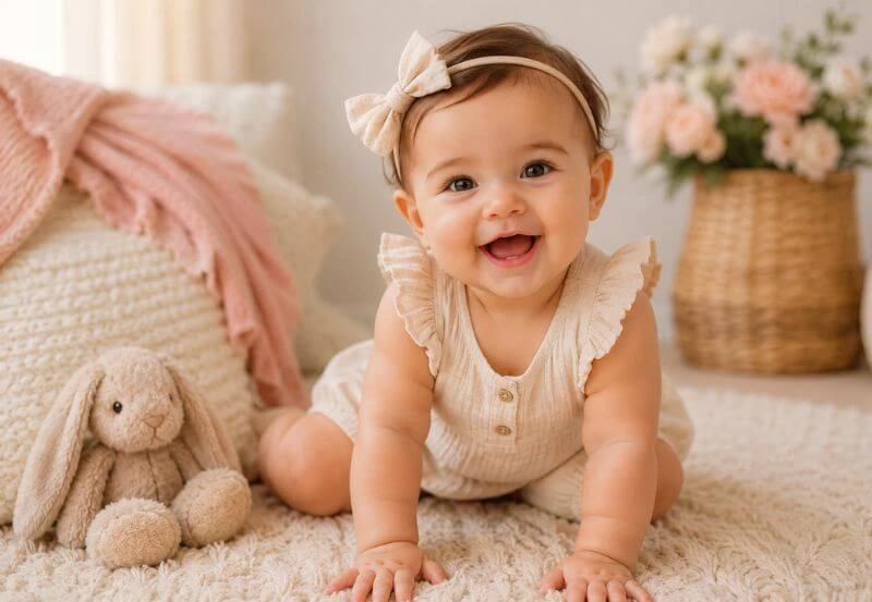 Happy 9 month old baby smiling and crawling on a soft nursery rug with a plush bunny toy.