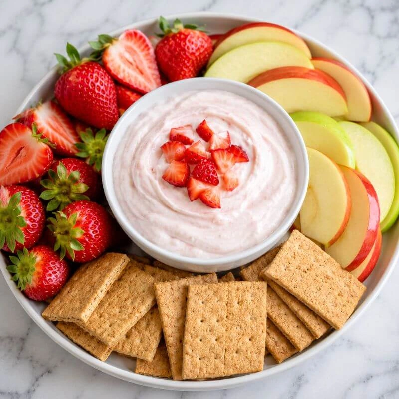 Creamy strawberry cheesecake dip served with fresh strawberries, apple slices, and graham crackers.