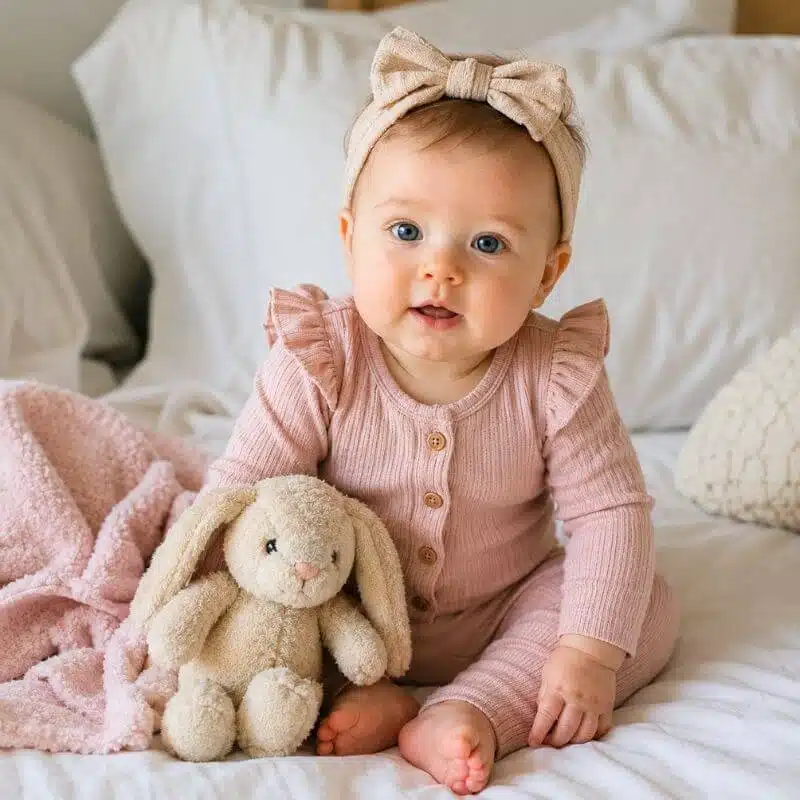 Smiling 6-month-old baby sitting on a bed with a stuffed bunny, perfect for sweet half birthday quotes and milestone celebrations.