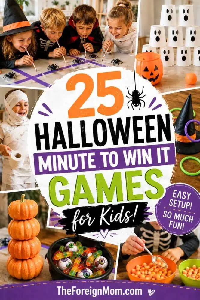 25 Halloween Minute to Win It games for kids with easy Halloween party games including spider races, ghost cup games, mummy wrap, and candy challenges.