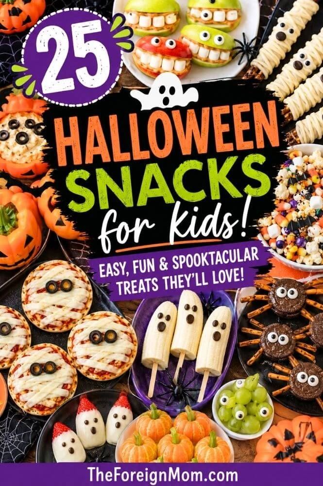 25 Halloween snacks for kids including mummy pizzas, banana ghosts, monster apples, spider treats, and other easy Halloween food ideas.