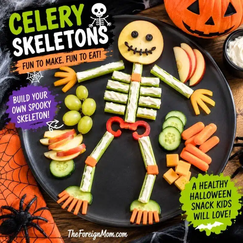 Celery skeleton Halloween snack made with cream cheese, apples, grapes, cucumbers, bell peppers, carrots, and cheese for a fun kids Halloween food activity.