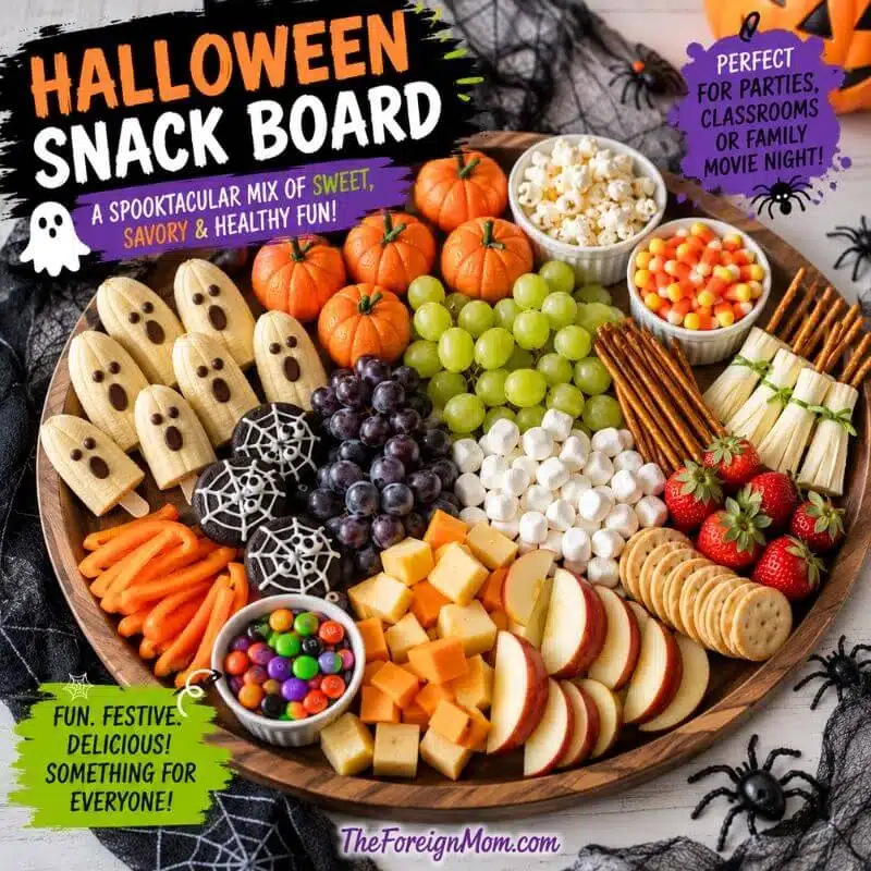 Halloween snack board for kids with banana ghosts, clementine pumpkins, grapes, popcorn, cheese, pretzels, apple slices, vegetables, cookies, marshmallows, and candy.