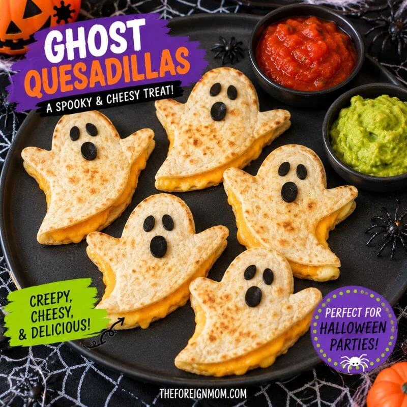 Ghost-shaped quesadillas filled with melted cheese and decorated with black olive eyes, served with salsa and guacamole for Halloween.