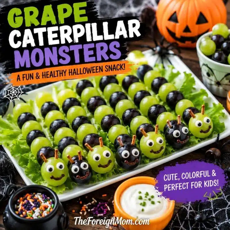 Grape caterpillar monsters made with green and black grapes, edible eyes, and pretzel antennae for a fun healthy Halloween snack for kids.