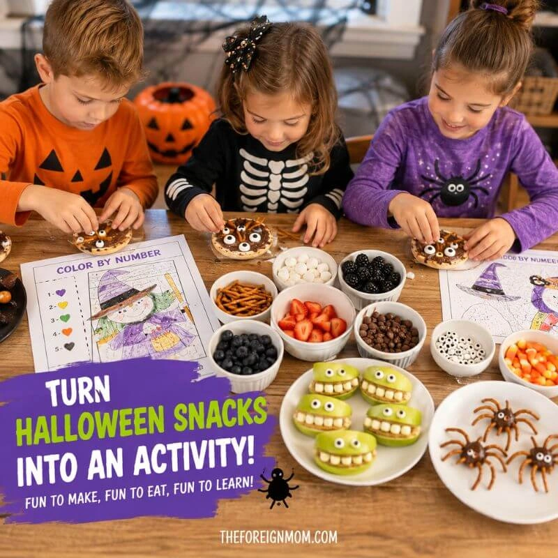 Kids making fun Halloween snacks with fruit, pretzels, chocolate, edible eyes, and other spooky toppings at the kitchen table.