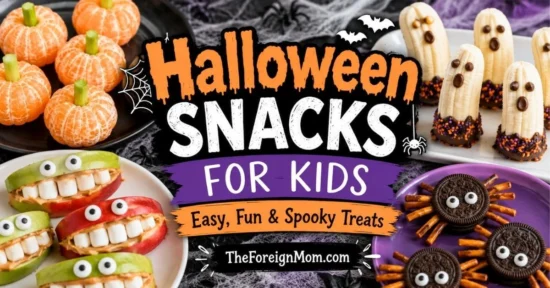 Halloween snacks for kids including apple monster mouths, banana ghosts, clementine pumpkins, and spider cookies.