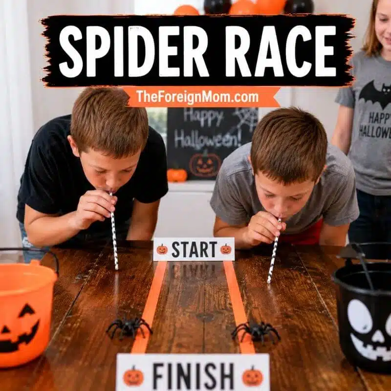 Kids playing a Halloween spider race minute to win it game using straws and plastic spiders.