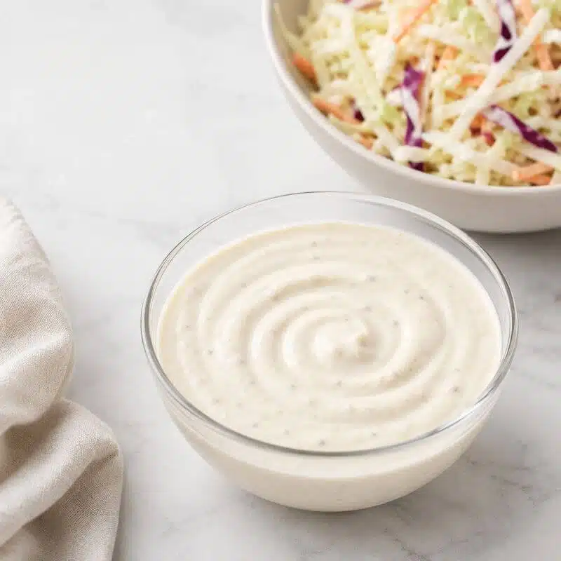 Homemade creamy coleslaw dressing inspired by Marie’s Original Coleslaw Dressing with fresh coleslaw.