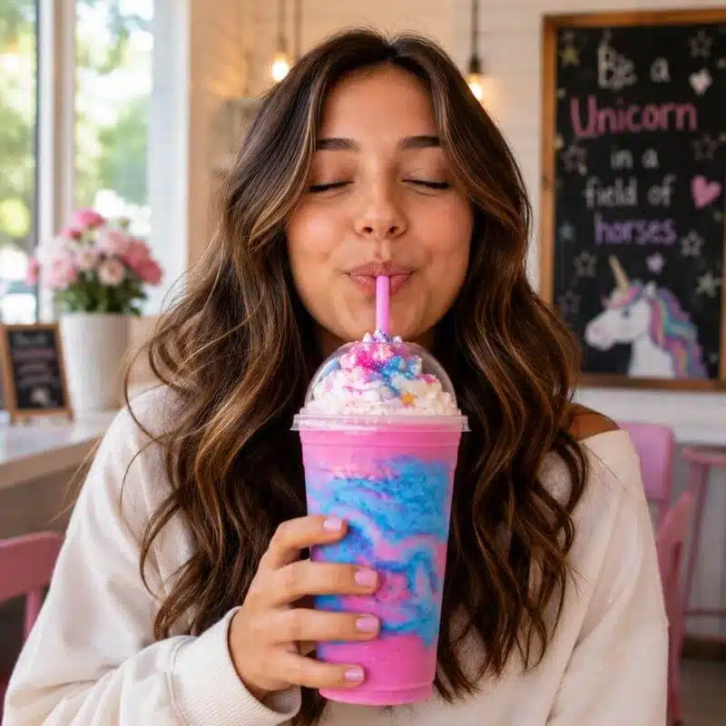 Woman enjoying a colorful homemade unicorn frappuccino with pink and blue swirls and whipped cream.