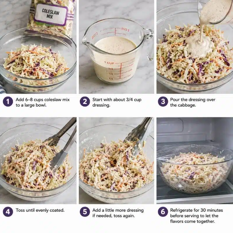 Step-by-step photos showing how to make coleslaw with homemade dressing using bagged coleslaw mix.