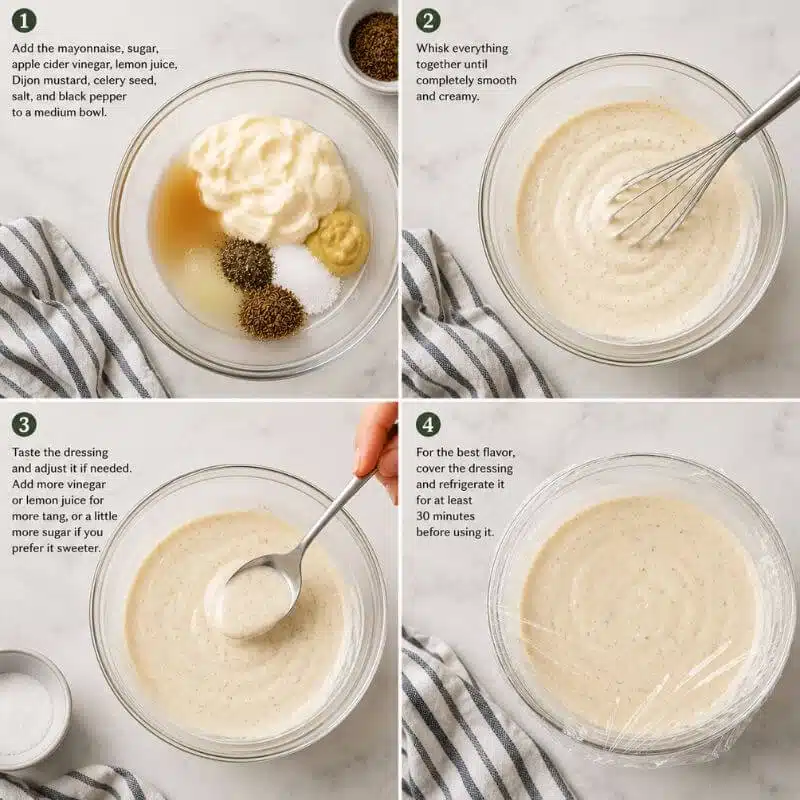 Step-by-step process for making Marie’s coleslaw dressing by combining the ingredients, whisking until creamy, adjusting the flavor, and chilling for 30 minutes.