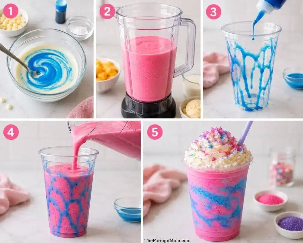 Step-by-step photos showing how to make a unicorn frappuccino with pink mango frappe, blue drizzle, whipped cream, and sprinkles.