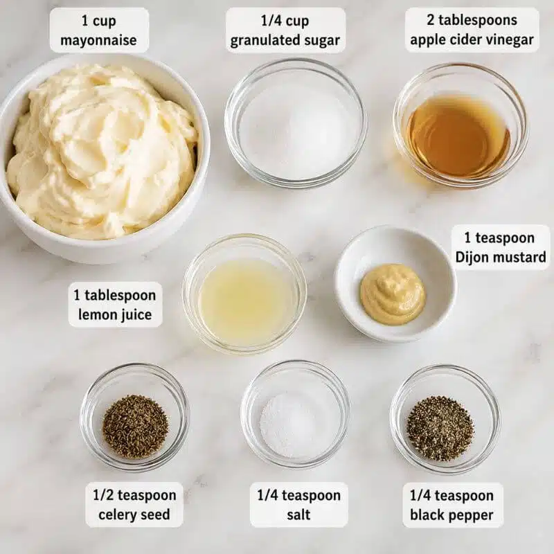 Ingredients for Marie’s coleslaw dressing recipe including mayonnaise, sugar, apple cider vinegar, lemon juice, Dijon mustard, celery seed, salt, and black pepper.