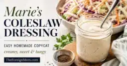 Marie’s coleslaw dressing recipe with creamy homemade dressing in a glass jar beside a bowl of coleslaw.