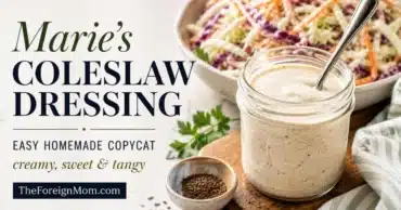 Marie’s coleslaw dressing recipe with creamy homemade dressing in a glass jar beside a bowl of coleslaw.