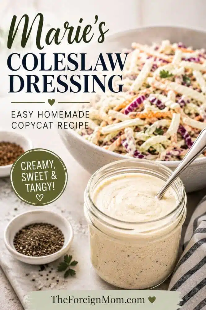 Marie’s coleslaw dressing recipe with creamy homemade dressing in a glass jar and fresh coleslaw.