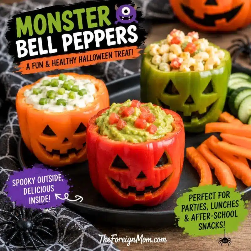 Monster bell peppers carved with jack-o-lantern faces and filled with guacamole, creamy dip, and pasta salad for a fun Halloween snack for kids.