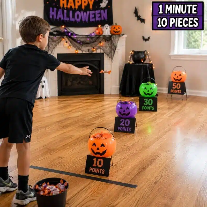 Kid playing a pumpkin bucket toss Halloween game by throwing wrapped candy into pumpkin buckets worth different points.
