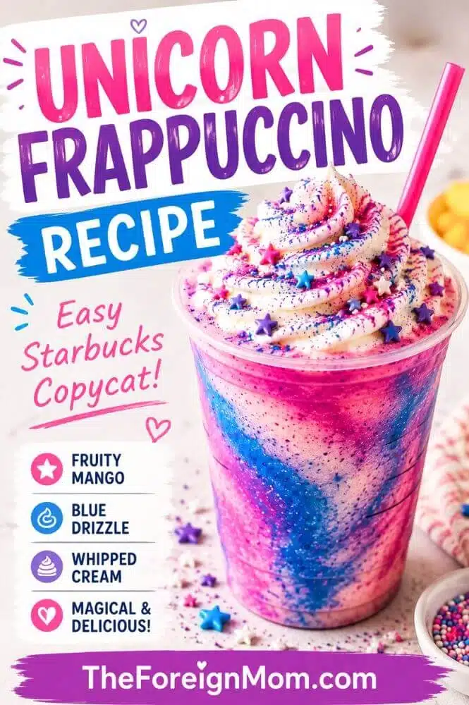 Homemade pink and blue Unicorn Frappuccino recipe with whipped cream and colorful sprinkles.