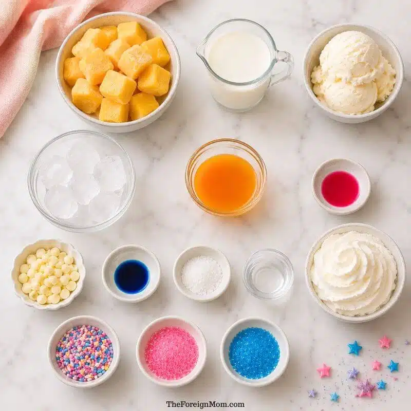 Ingredients for a homemade unicorn frappuccino including frozen mango, milk, vanilla ice cream, mango syrup, white chocolate chips, food coloring, and whipped cream.